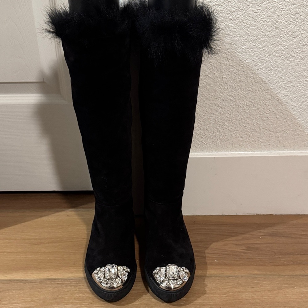 Miu Miu Black below knee Boots with Fur Cuff and Jeweled Toe